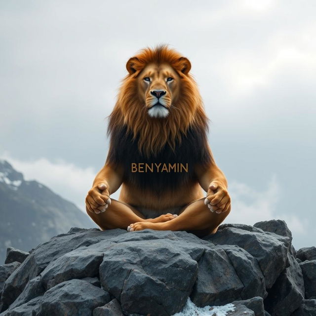 A lion in a meditative pose, sitting majestically on a rocky mountain summit, with the name 'BENYAMIN' elegantly written across its body