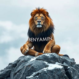 A lion in a meditative pose, sitting majestically on a rocky mountain summit, with the name 'BENYAMIN' elegantly written across its body