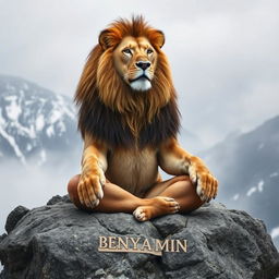 A lion in a meditative pose, sitting majestically on a rocky mountain summit, with the name 'BENYAMIN' elegantly written across its body