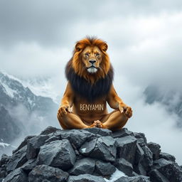 A lion in a meditative pose, sitting majestically on a rocky mountain summit, with the name 'BENYAMIN' elegantly written across its body