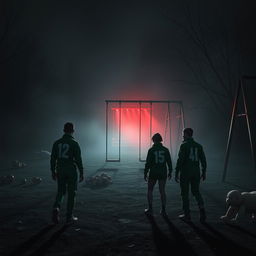 A dramatic scene inspired by a game set in an abandoned but ominous playground at night, featuring individuals in survival mode