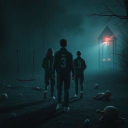 A dramatic scene inspired by a game set in an abandoned but ominous playground at night, featuring individuals in survival mode