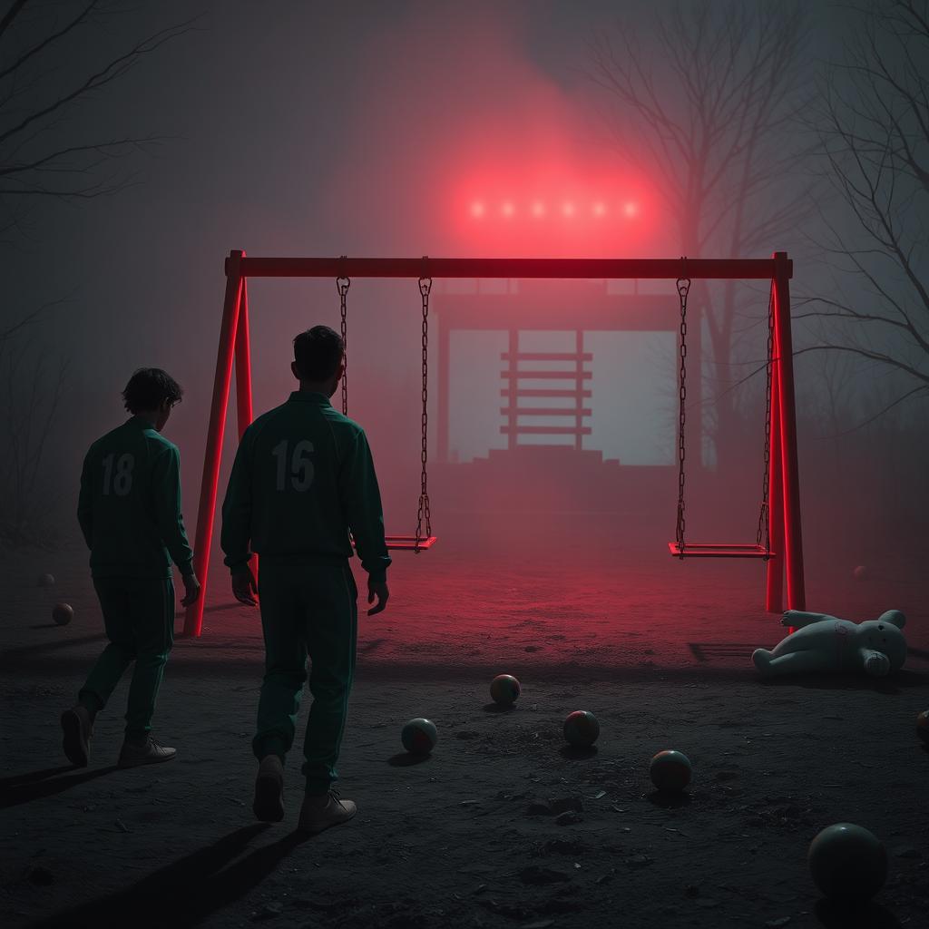 A dramatic scene inspired by a game set in an abandoned but ominous playground at night, featuring individuals in survival mode