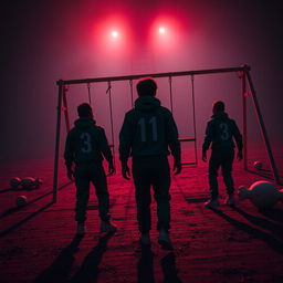 A dramatic scene inspired by a game set in an abandoned but ominous playground at night, featuring individuals in survival mode