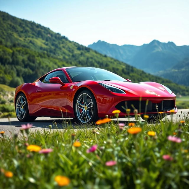 A stunning red sports car parked in a scenic mountain landscape, with lush greenery and a clear blue sky in the background