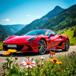 A stunning red sports car parked in a scenic mountain landscape, with lush greenery and a clear blue sky in the background