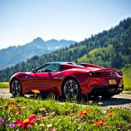 A stunning red sports car parked in a scenic mountain landscape, with lush greenery and a clear blue sky in the background
