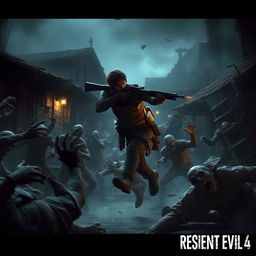 A scene inspired by Resident Evil 4, featuring the main character battling hordes of zombies in a dark, atmospheric environment