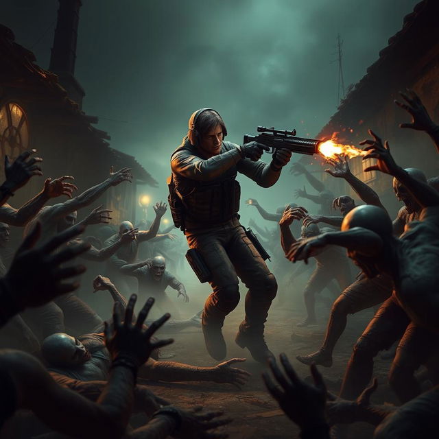 A scene inspired by Resident Evil 4, featuring the main character battling hordes of zombies in a dark, atmospheric environment