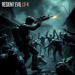 A scene inspired by Resident Evil 4, featuring the main character battling hordes of zombies in a dark, atmospheric environment