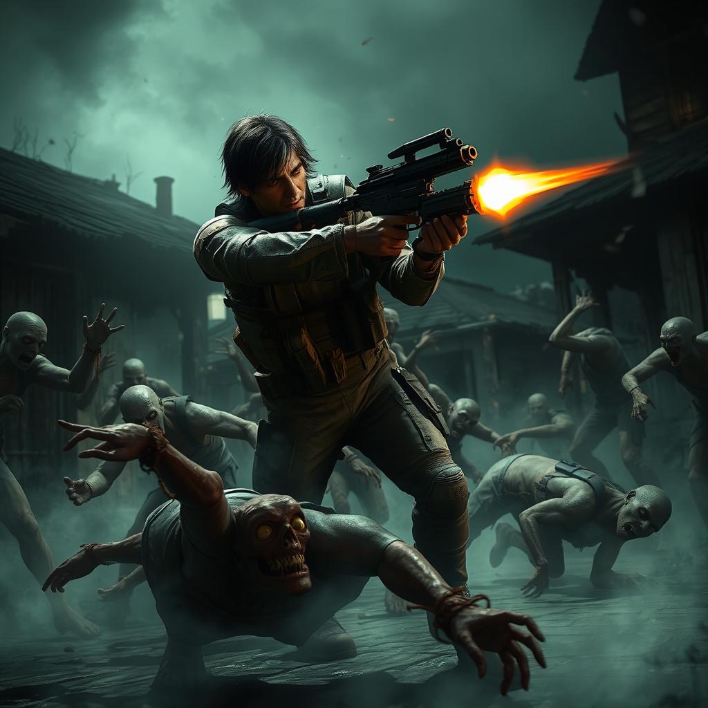 A scene inspired by Resident Evil 4, featuring the main character battling hordes of zombies in a dark, atmospheric environment