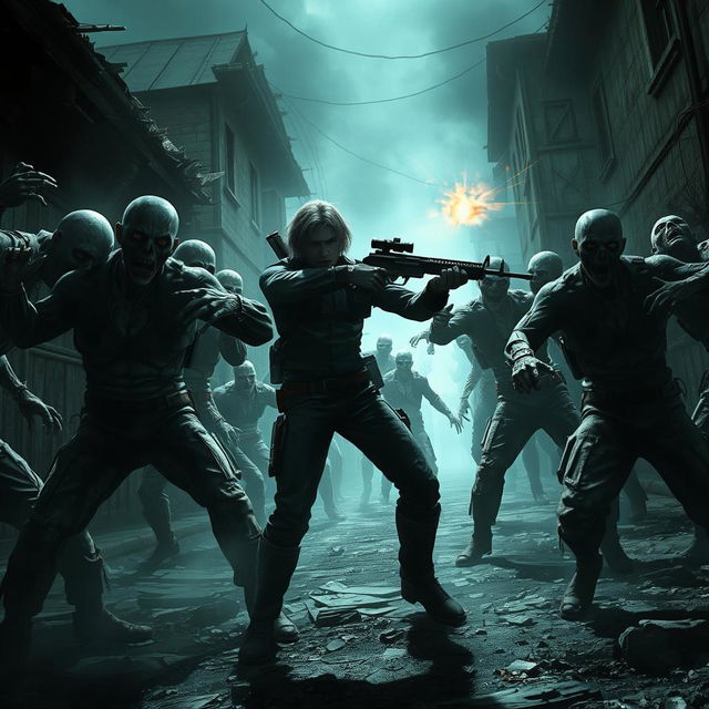 A captivating scene from Resident Evil 4, depicting the main character in a thrilling battle against numerous zombies