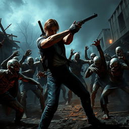 A captivating scene from Resident Evil 4, depicting the main character in a thrilling battle against numerous zombies