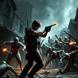 A captivating scene from Resident Evil 4, depicting the main character in a thrilling battle against numerous zombies