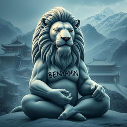 A majestic lion in a cold atmosphere, peacefully meditating