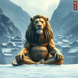 A majestic lion in a cold atmosphere, peacefully meditating