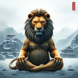 A majestic lion in a cold atmosphere, peacefully meditating