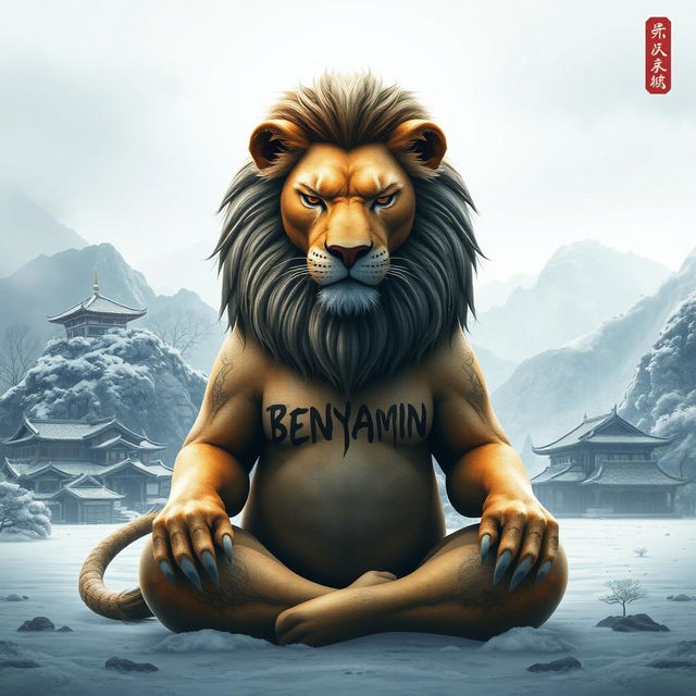 A majestic lion in a cold atmosphere, peacefully meditating