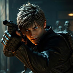 A striking portrayal of Leon Kennedy from Resident Evil 4, showcasing him in an action-packed moment