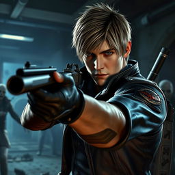 A striking portrayal of Leon Kennedy from Resident Evil 4, showcasing him in an action-packed moment