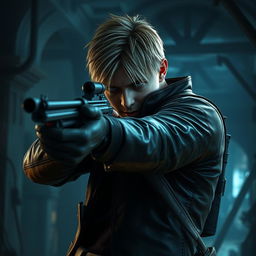 A striking portrayal of Leon Kennedy from Resident Evil 4, showcasing him in an action-packed moment