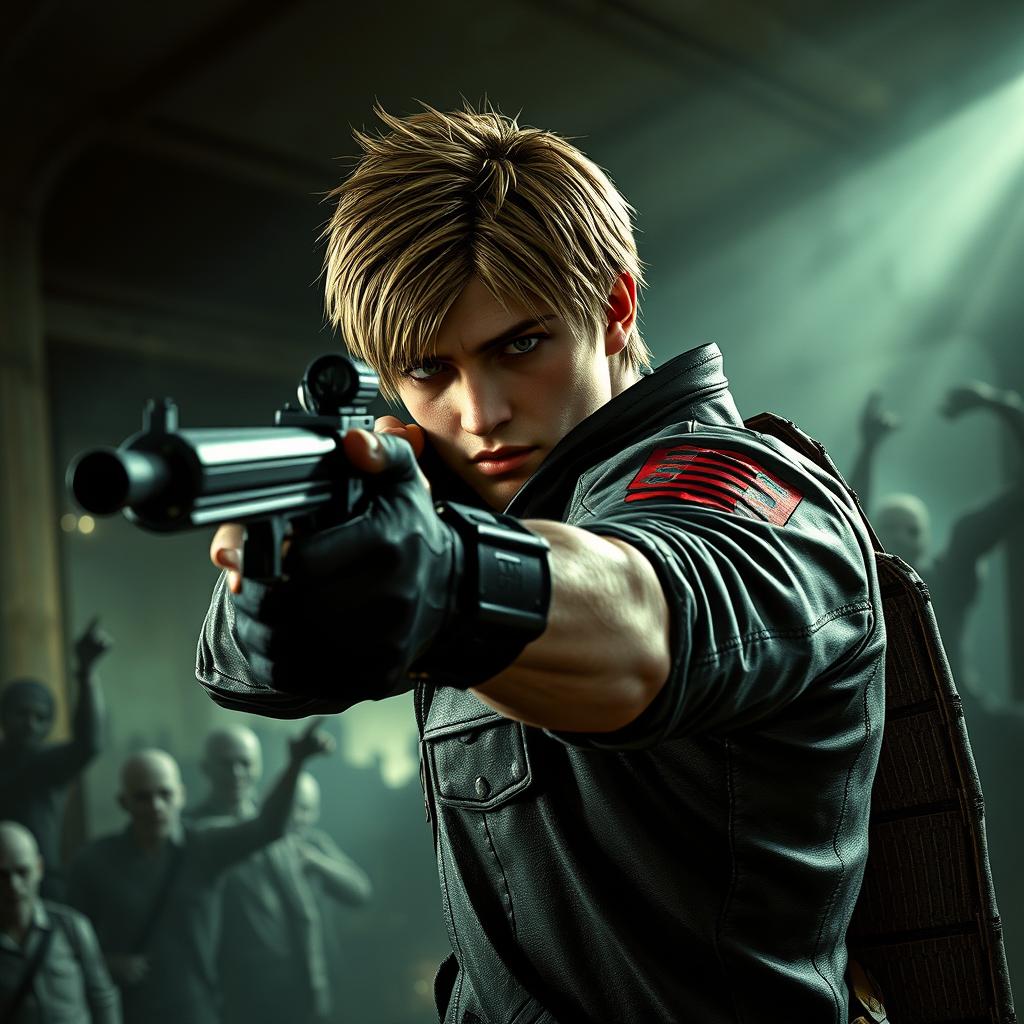 A striking portrayal of Leon Kennedy from Resident Evil 4, showcasing him in an action-packed moment