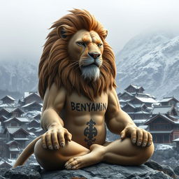 A powerful lion in a cold mountainous environment, deeply meditating