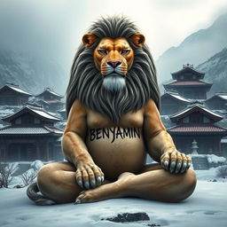 A powerful lion in a cold mountainous environment, deeply meditating