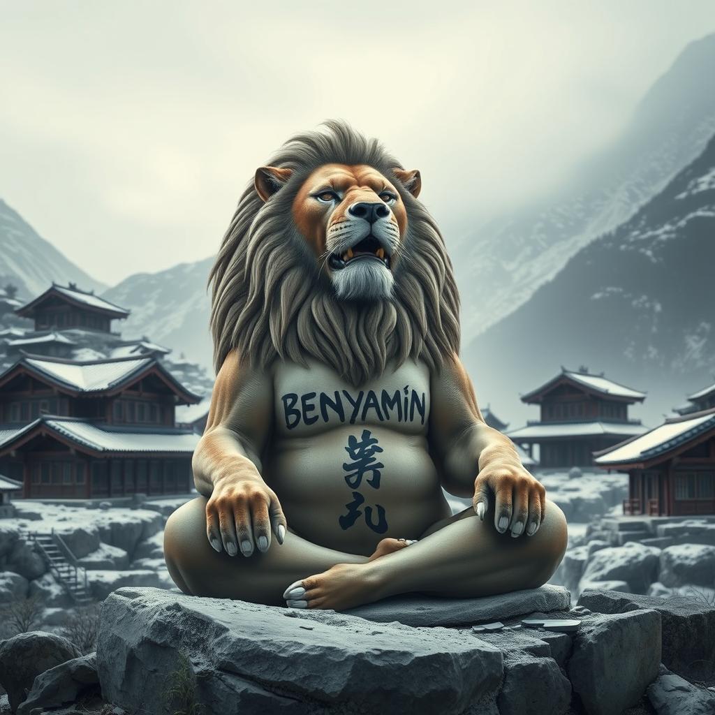 A powerful lion in a cold mountainous environment, deeply meditating