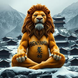 A powerful lion in a cold mountainous environment, deeply meditating