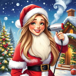 A realistic illustration of Santa Claus, depicted as a cheerful woman with a fluffy white beard and dressed in a red and white Santa outfit