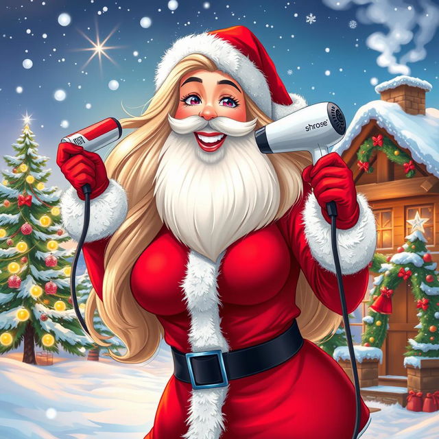 A realistic illustration of Santa Claus, depicted as a cheerful woman with a fluffy white beard and dressed in a red and white Santa outfit