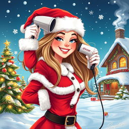 A realistic illustration of Santa Claus, depicted as a cheerful woman with a fluffy white beard and dressed in a red and white Santa outfit