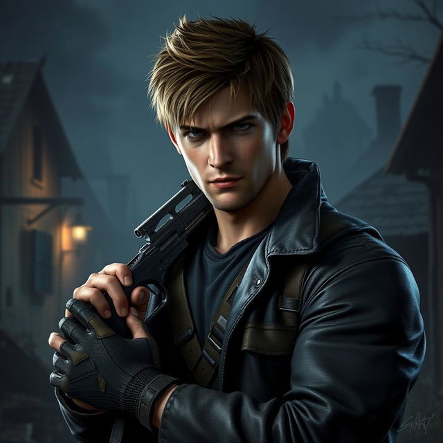 A detailed portrayal of Leon Kennedy from Resident Evil 4, styled to closely resemble his appearance in the game