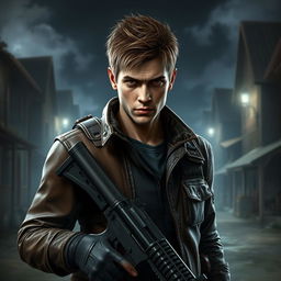 A detailed portrayal of Leon Kennedy from Resident Evil 4, styled to closely resemble his appearance in the game