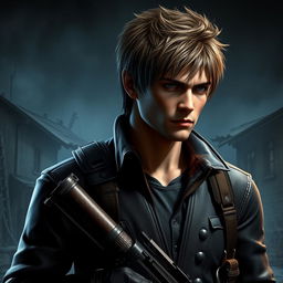 A detailed portrayal of Leon Kennedy from Resident Evil 4, styled to closely resemble his appearance in the game