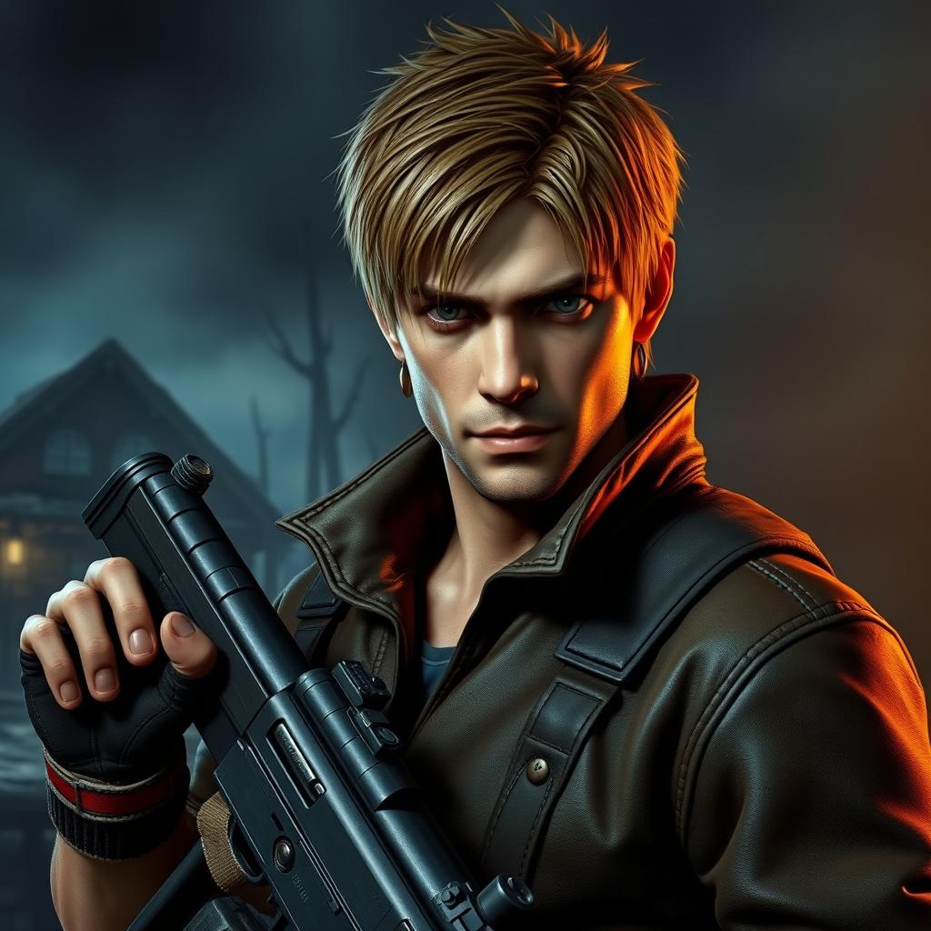 A detailed portrayal of Leon Kennedy from Resident Evil 4, styled to closely resemble his appearance in the game