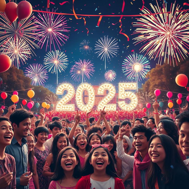 A vibrant and joyful New Year's celebration for the year 2025