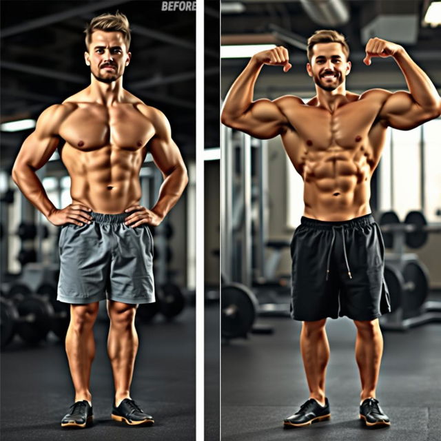 A fitness enthusiast showcasing a dramatic body transformation before and after strength training