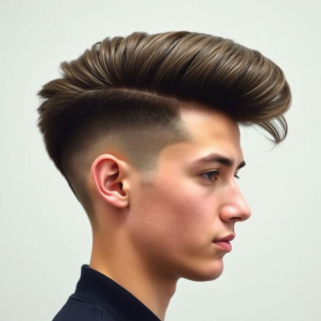 A side view of an 18-year-old man with a voluminous, thick, and dense brushed-up pompadour hairstyle