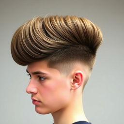 A side view of an 18-year-old man with a voluminous, thick, and dense brushed-up pompadour hairstyle
