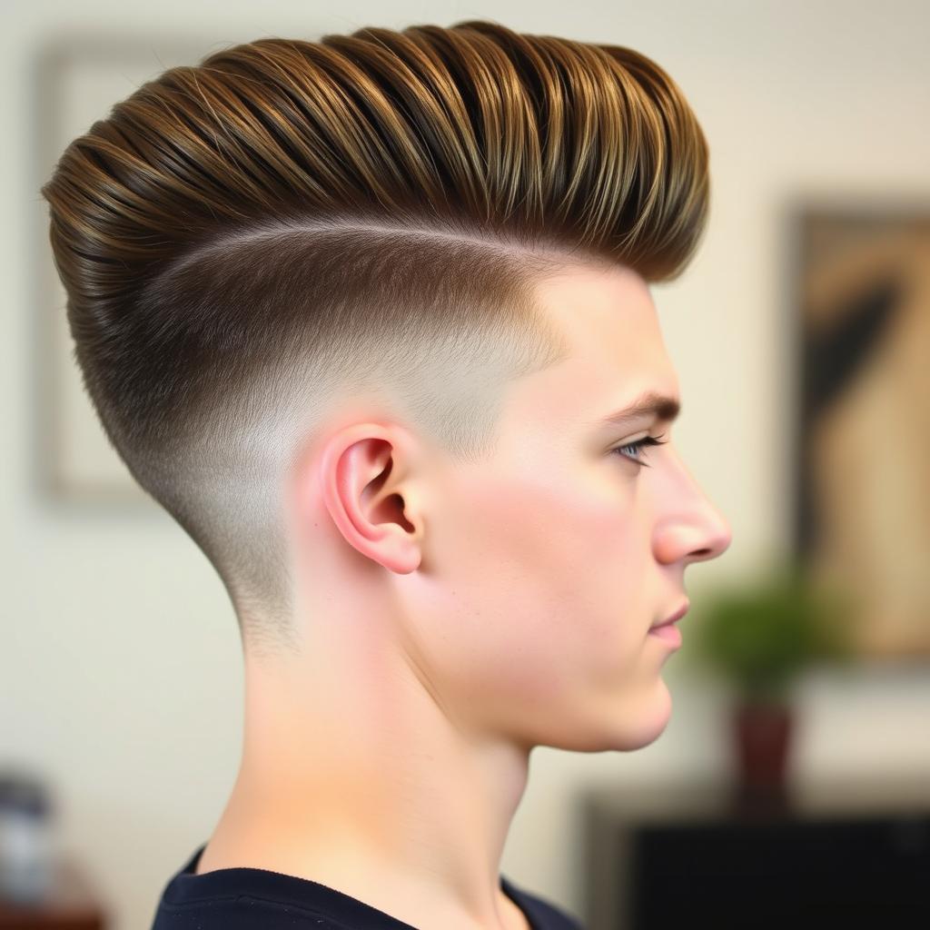 A side view of an 18-year-old man with a voluminous, thick, and dense brushed-up pompadour hairstyle