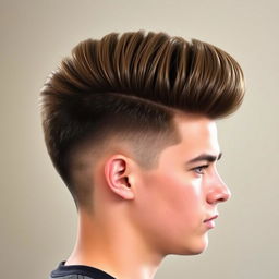 A side view of an 18-year-old man with a voluminous, thick, and dense brushed-up pompadour hairstyle