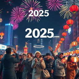 A festive New Year celebration in 2025, featuring a vibrant cityscape adorned with colorful fireworks lighting up the night sky