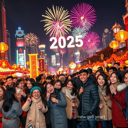 A festive New Year celebration in 2025, featuring a vibrant cityscape adorned with colorful fireworks lighting up the night sky
