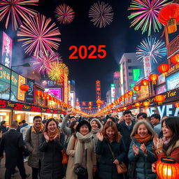 A festive New Year celebration in 2025, featuring a vibrant cityscape adorned with colorful fireworks lighting up the night sky