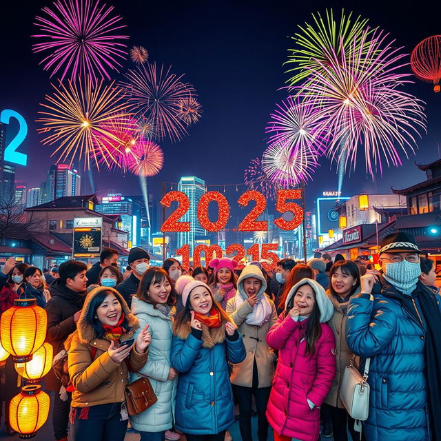 A festive New Year celebration in 2025, featuring a vibrant cityscape adorned with colorful fireworks lighting up the night sky