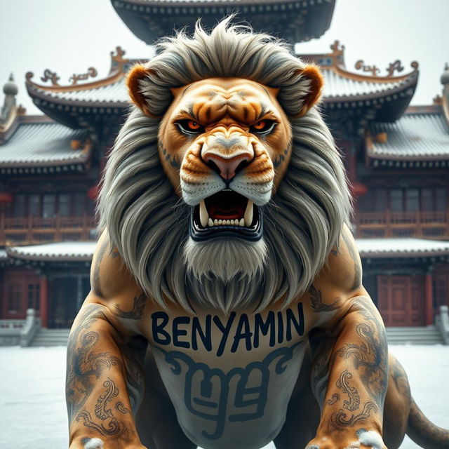 A fierce-looking lion in a cold atmosphere, showcasing strength and majesty