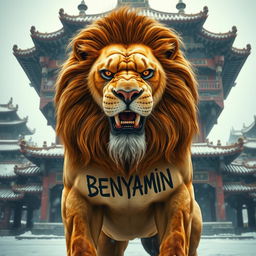 A fierce-looking lion in a cold atmosphere, showcasing strength and majesty