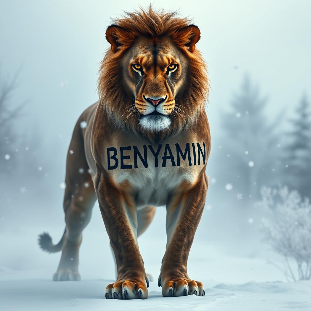 A fierce lion standing majestically in a cold, misty atmosphere, showcasing the name "BENYAMIN" tattooed prominently on its muscular body